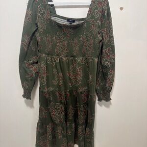 Mexx Olive Green Floral Tiered Dress with Red Accents
